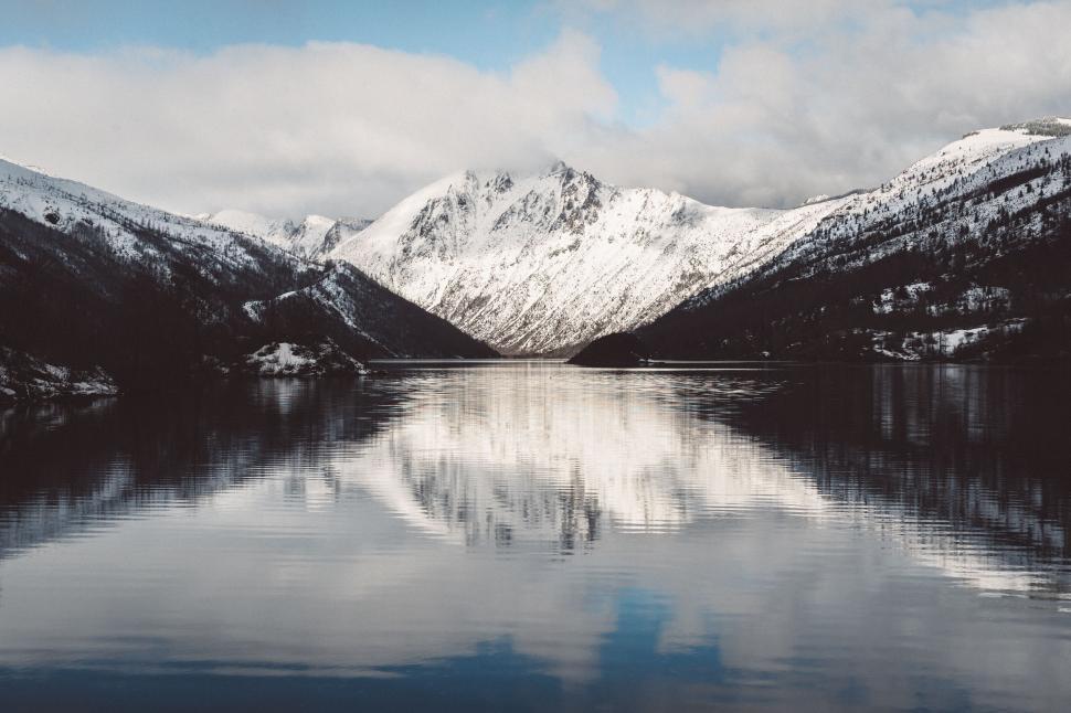 Free Image of Snow Covered Mountains Surrounding Lake Under Blue Sky 