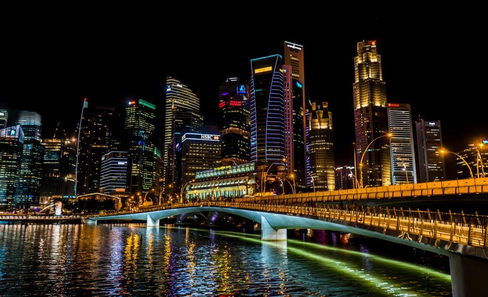 Free Image of Bridge Over River With City Skyline 