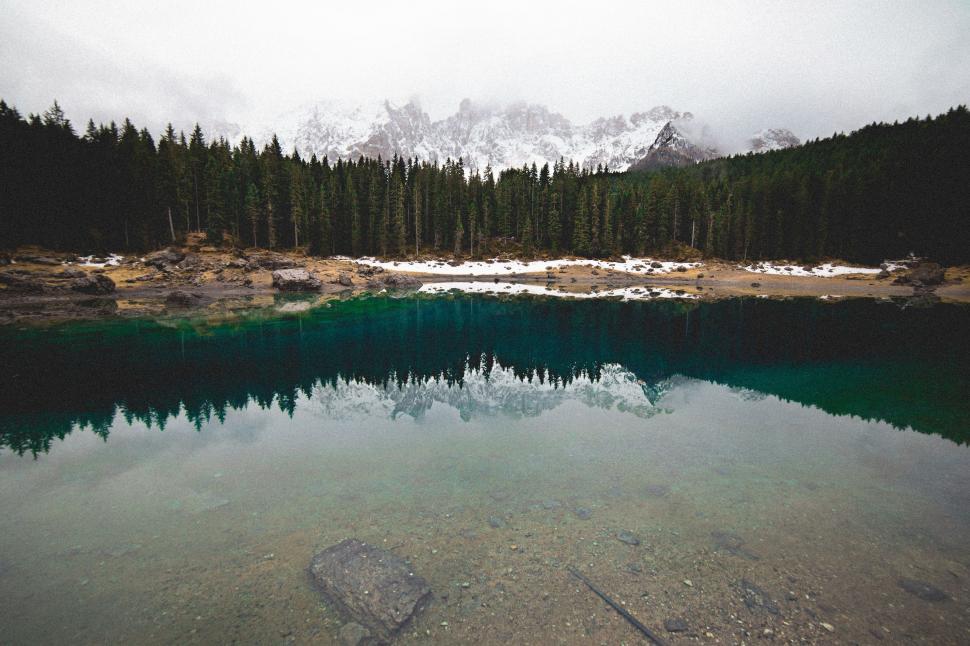 Free Image of Lake Surrounded by Trees and Snow Covered Mountains 