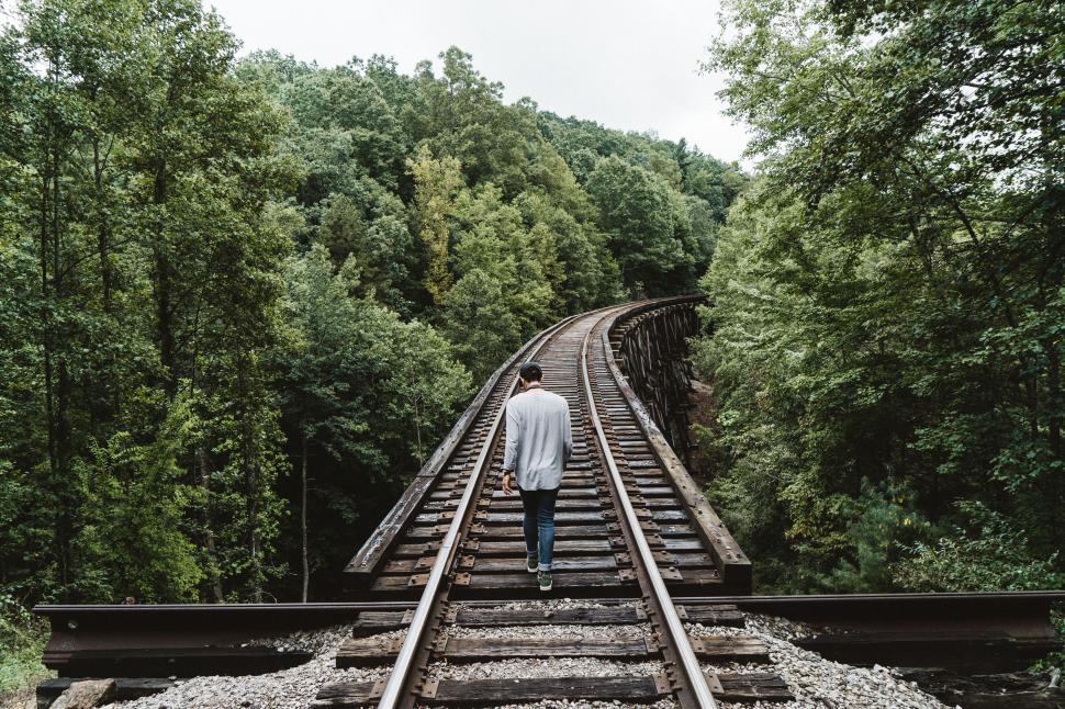Free Image of Person Standing on Train Track Surrounded by Trees 