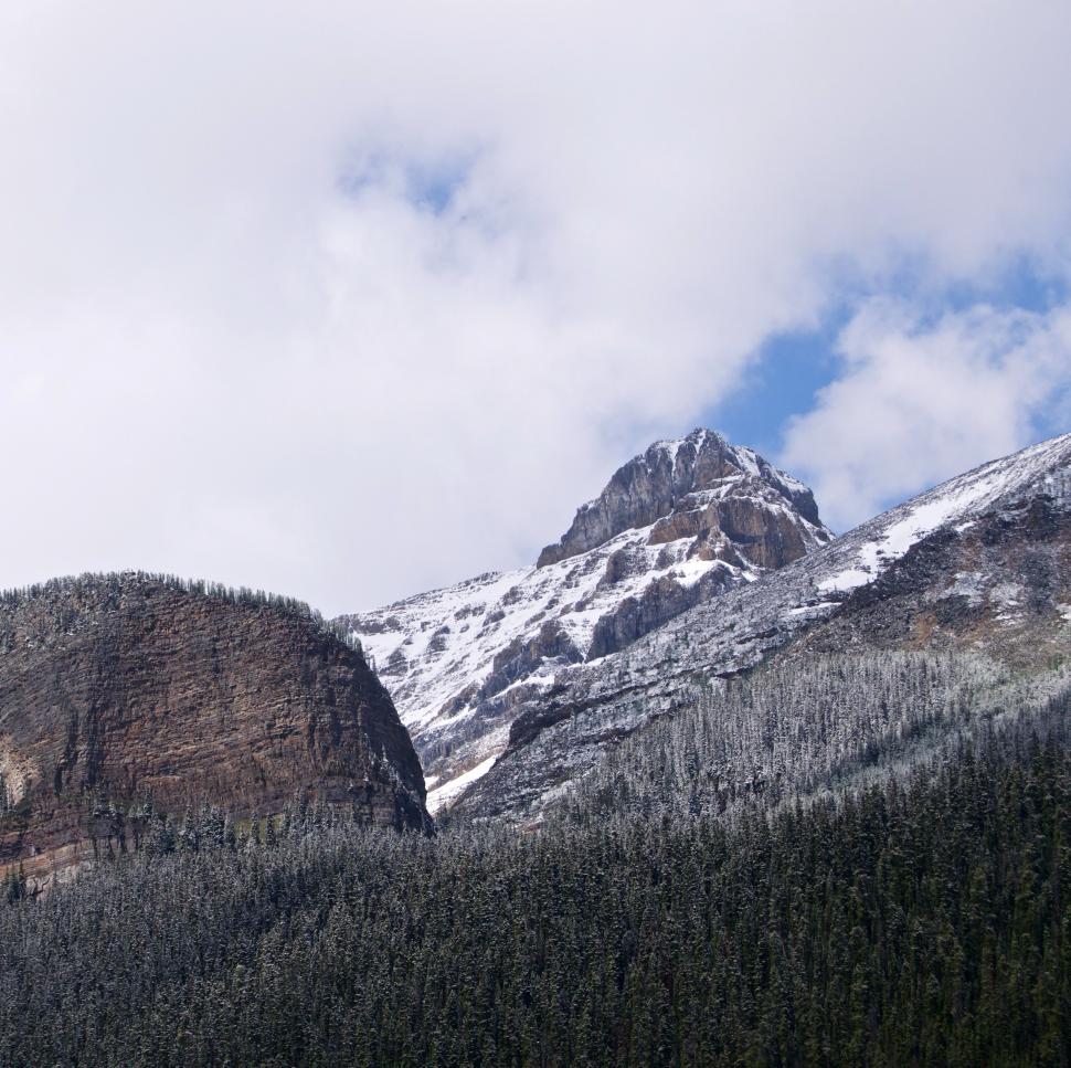 Free Image of Snow Covered Mountain With Trees and Sky Background 