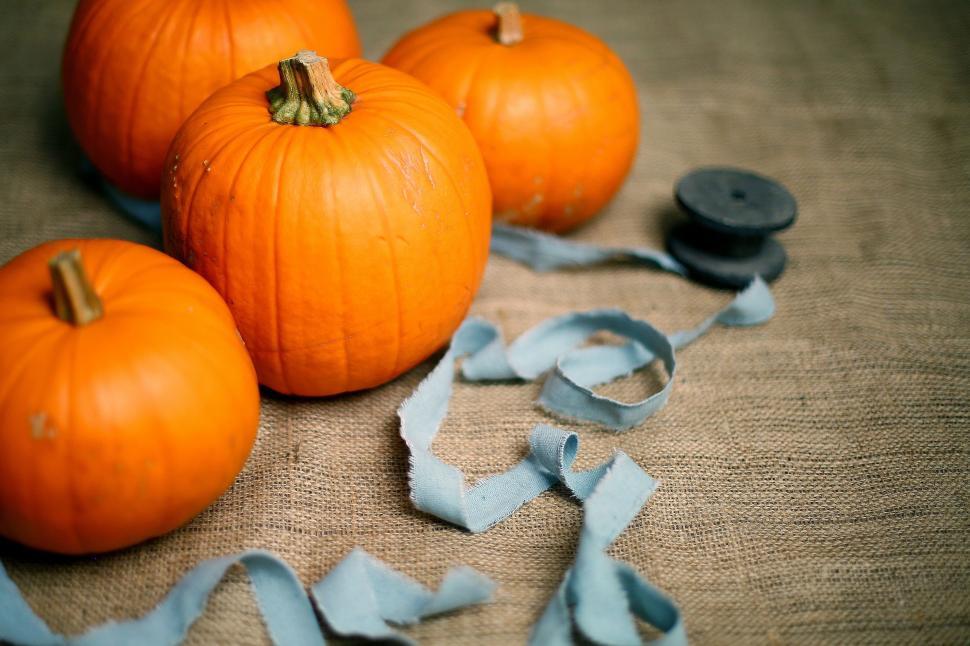 Free Image of Three Pumpkins on Table 