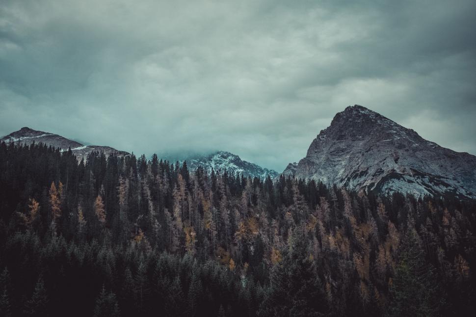 Free Image of Mountain Covered in Trees Under Cloudy Sky 