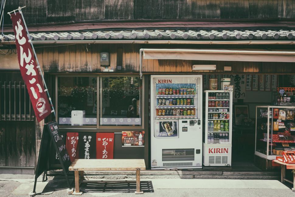 Free Image of Store Front With Kiosk and Bench 