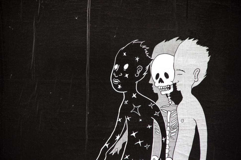 Free Image of Man and Skeleton in Black and White Drawing 