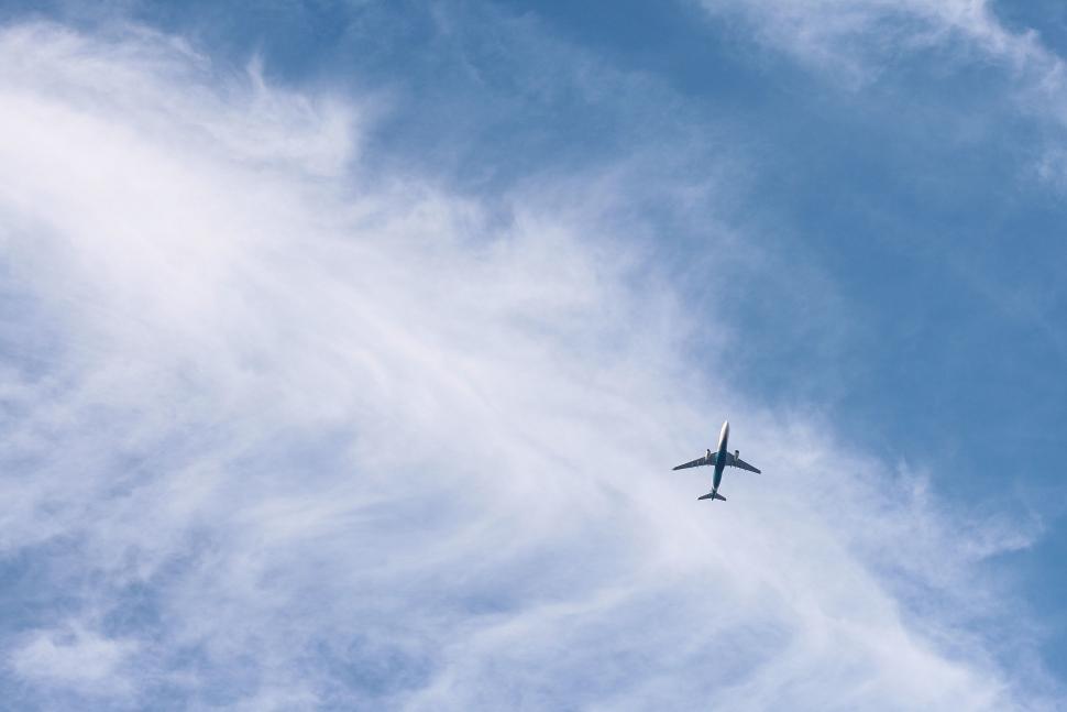 Free Image of Airplane Flying Through Blue Sky 