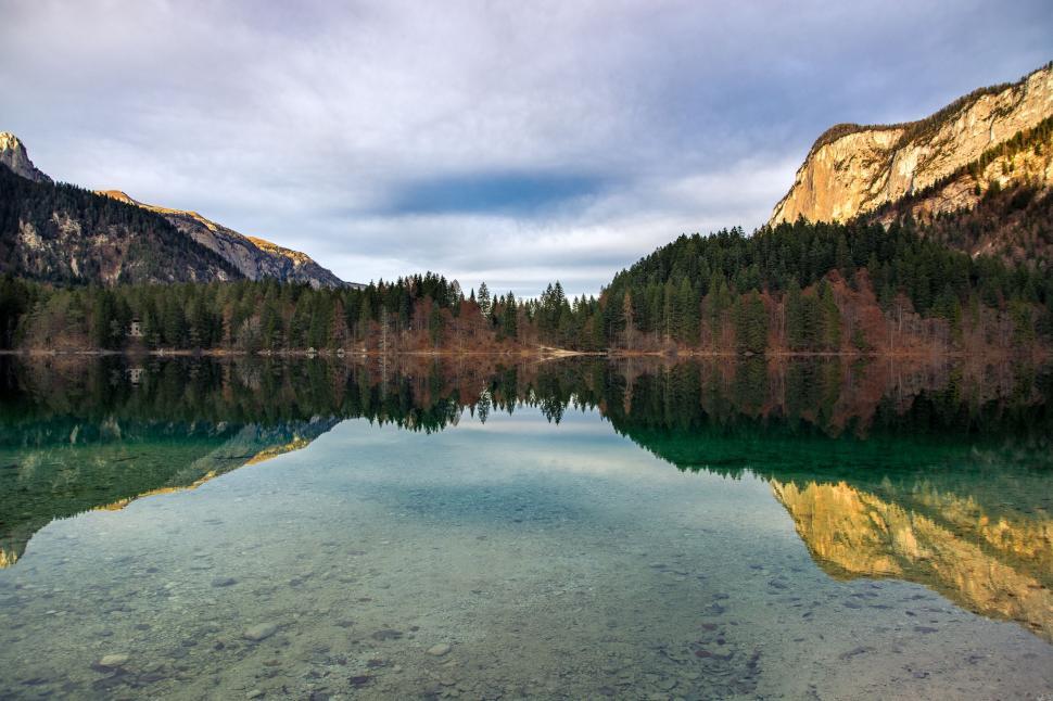 Free Image of Majestic Mountains and Trees Surrounding Pristine Body of Water 
