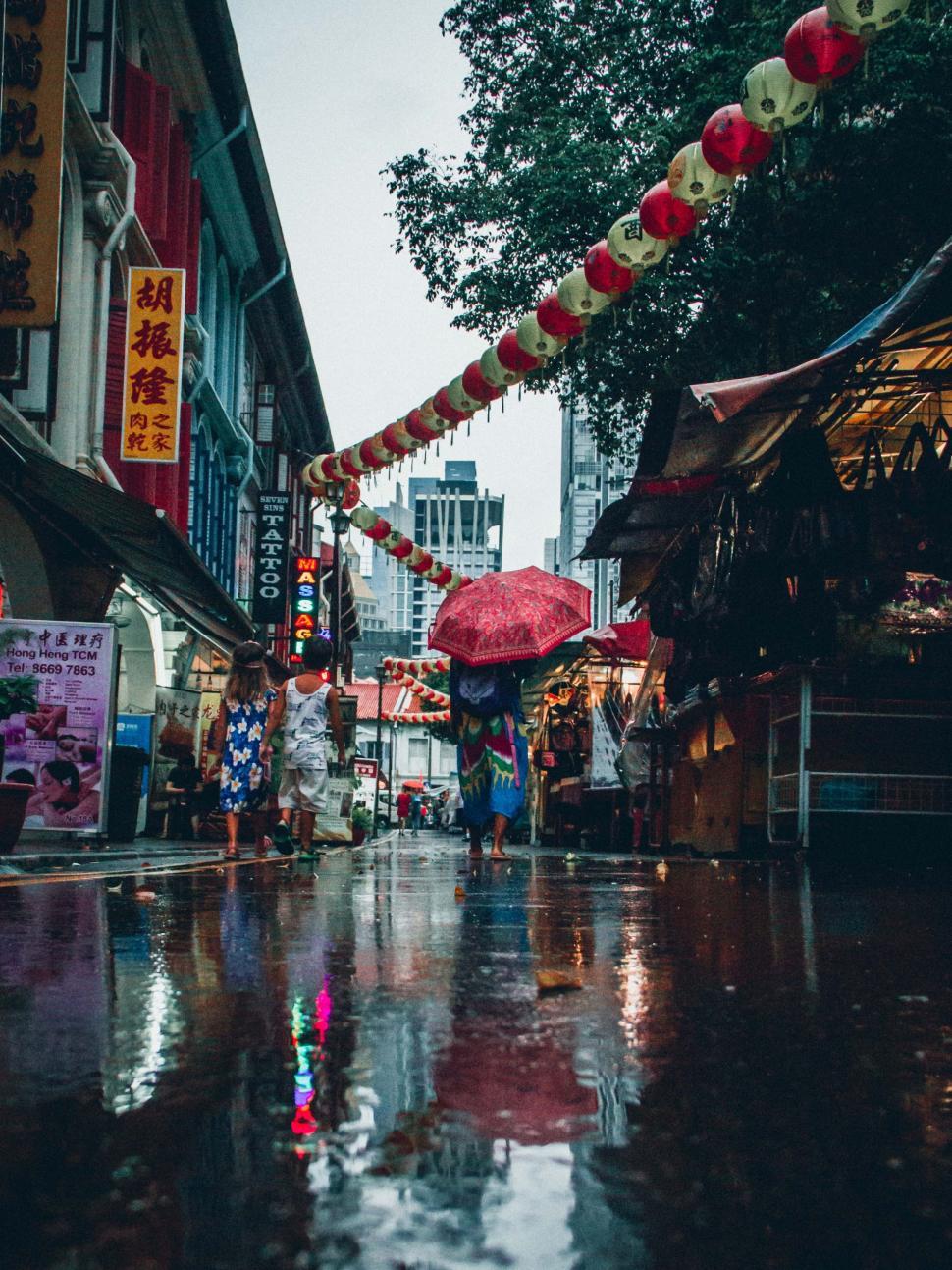 Free Image of People Walking Down City Street on Rainy Day 