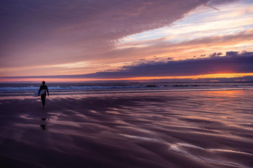 Free Image of Person Walking on Beach at Sunset 