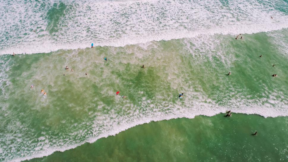 Free Image of Group of People Riding Waves on Surfboards 