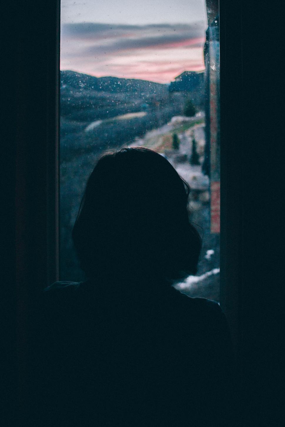 Free Image of Person Looking Out a Window at a Snowy Landscape 