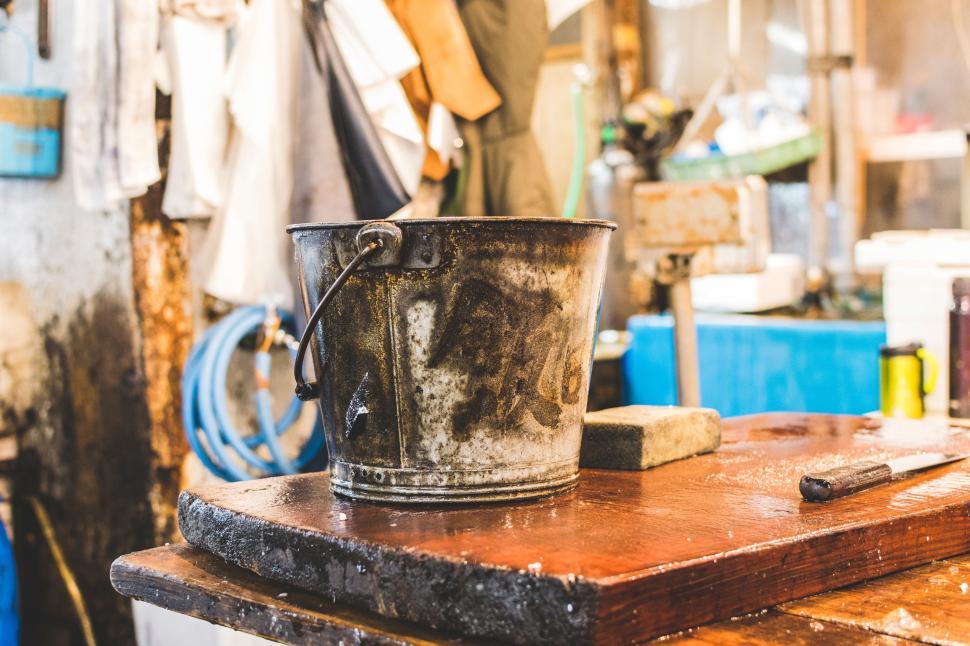 Free Image of Bucket on Wooden Table 