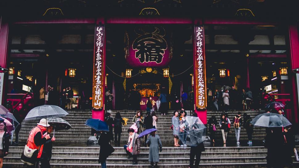 Free Image of Group of People Standing Outside Building With Umbrellas 