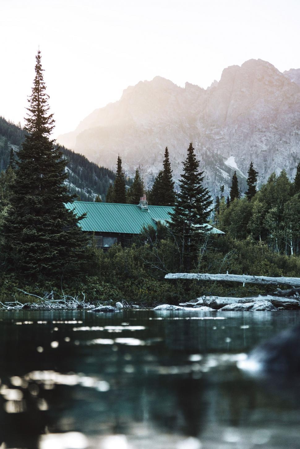 Free Image of Lake Surrounded by Pine Trees and Mountains 