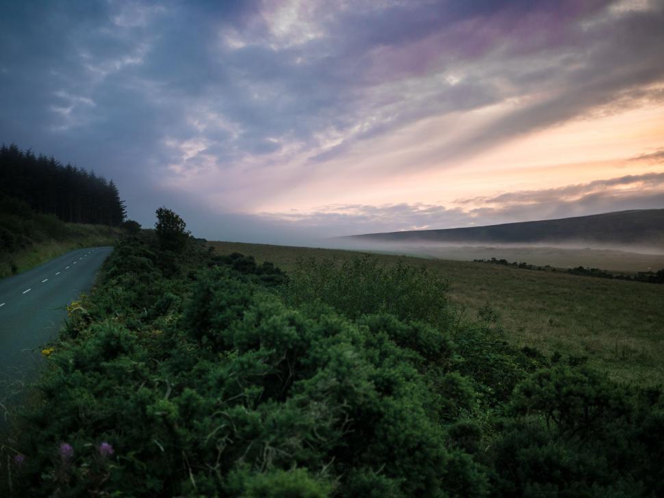 Free Image of Car Driving Down Road Next to Lush Green Field 