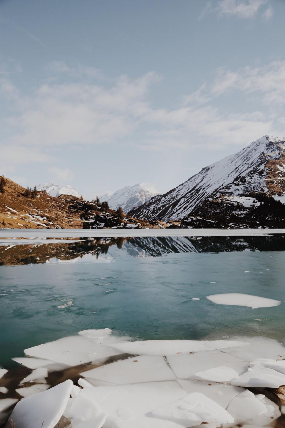 Free Image of Snow Covered Mountains Surrounding Body of Water 