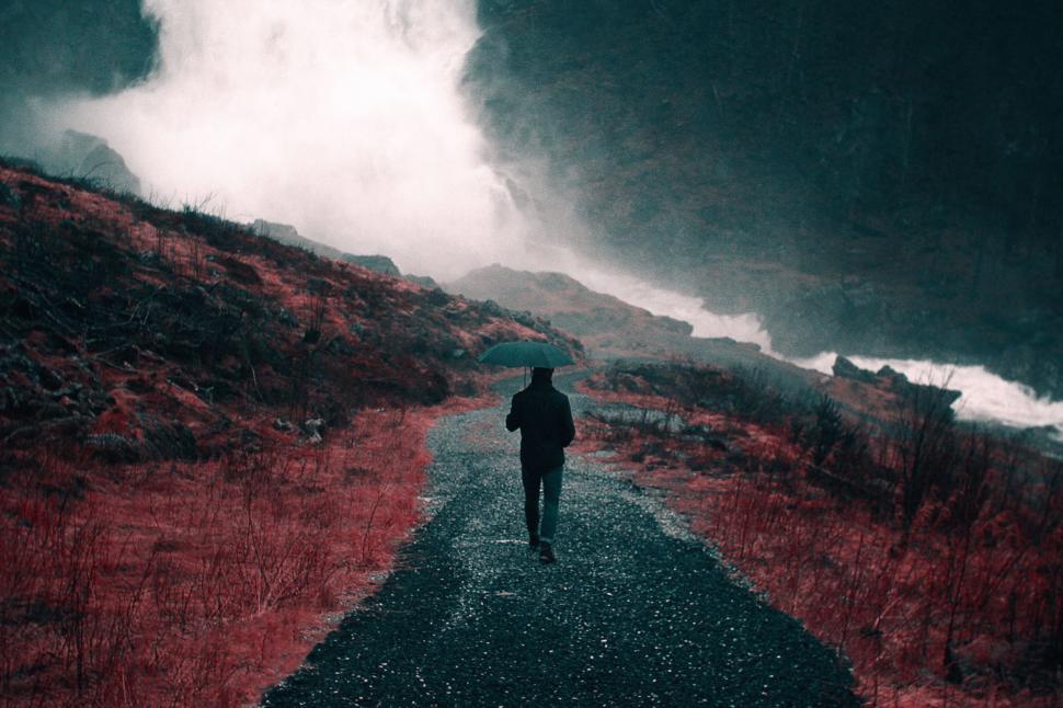 Free Image of Man Walking Down a Road in a Field 