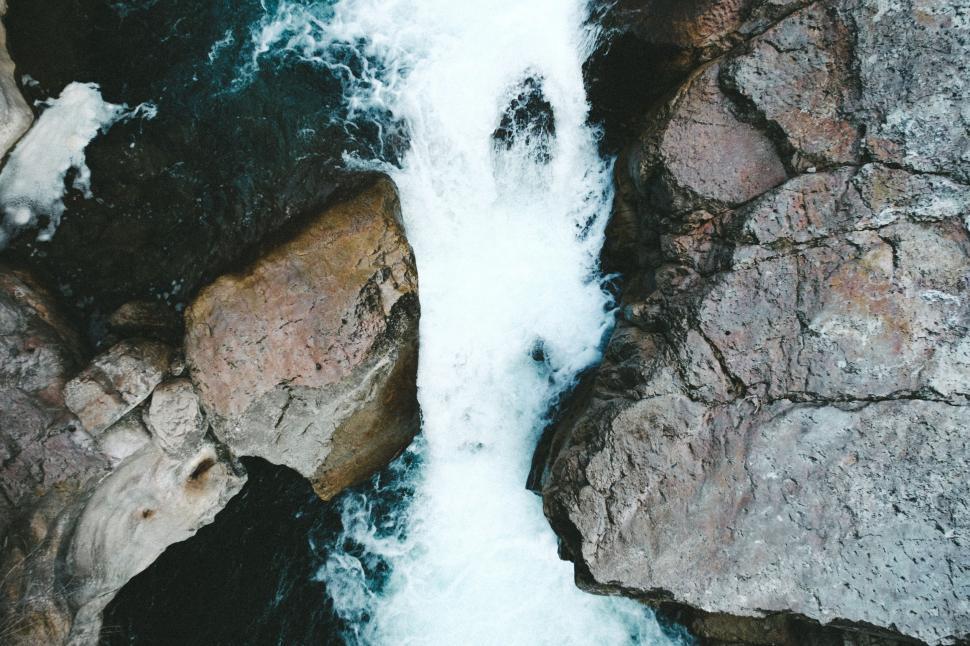 Free Image of Aerial View of River Flowing Between Large Rocks 