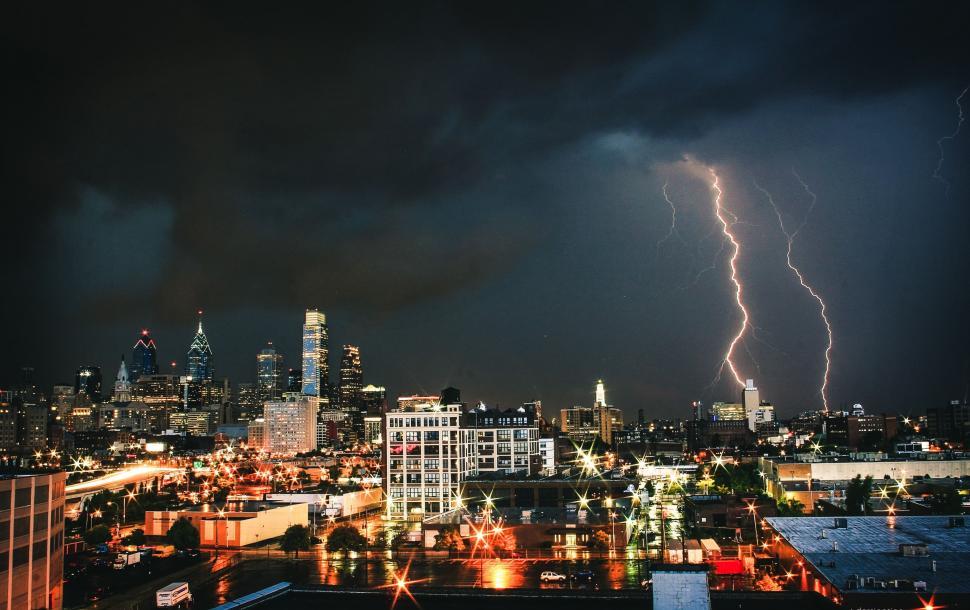 Free Image of Lightning Strikes Over City at Night 