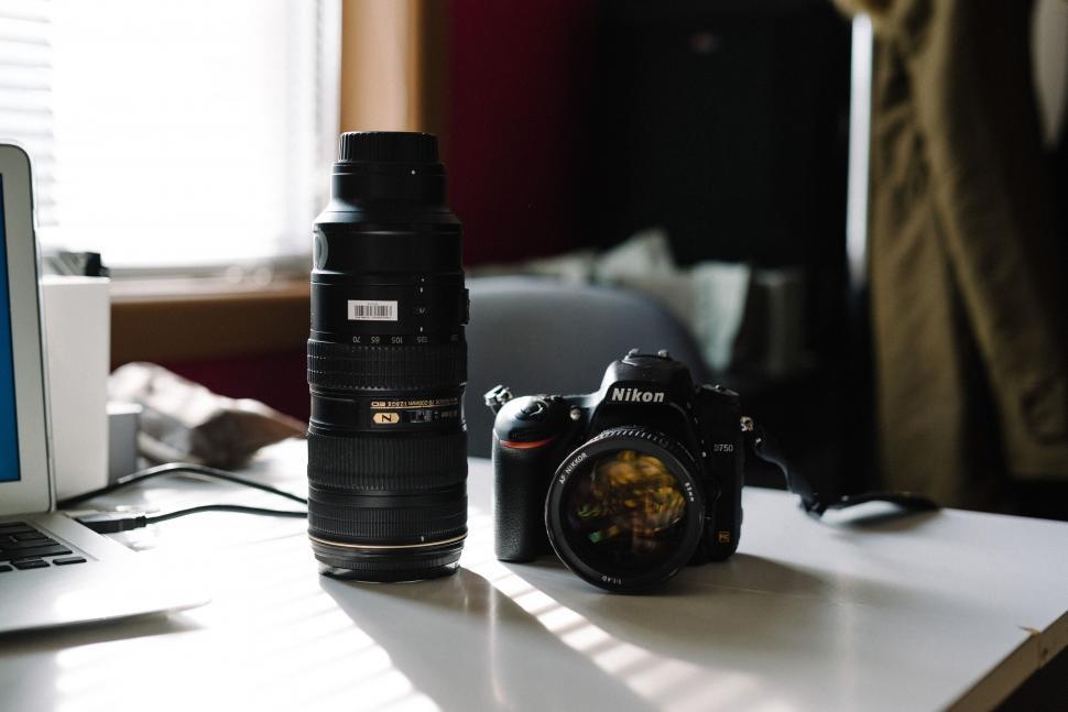 Free Image of Laptop Computer and Camera on Desk 