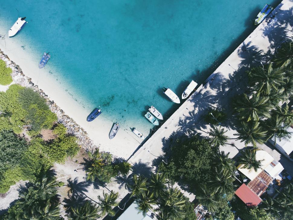 Free Image of Aerial View of a Beach With Boats and Palm Trees 