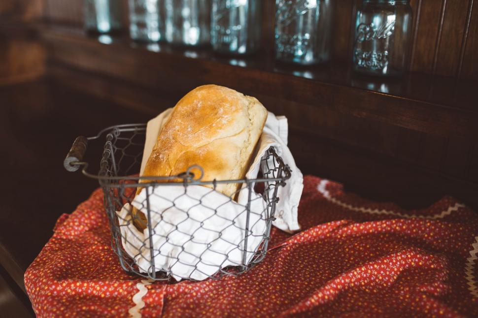Free Image of Basket of Bread on Red Blanket 