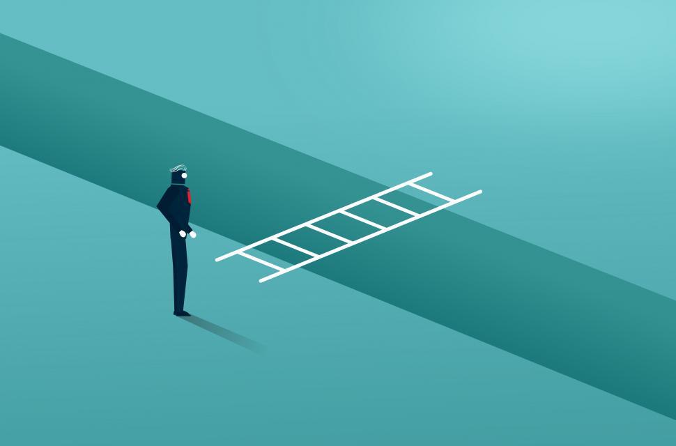 Free Image of Businessman Facing a Moat With Ladder - Overcoming Barriers 