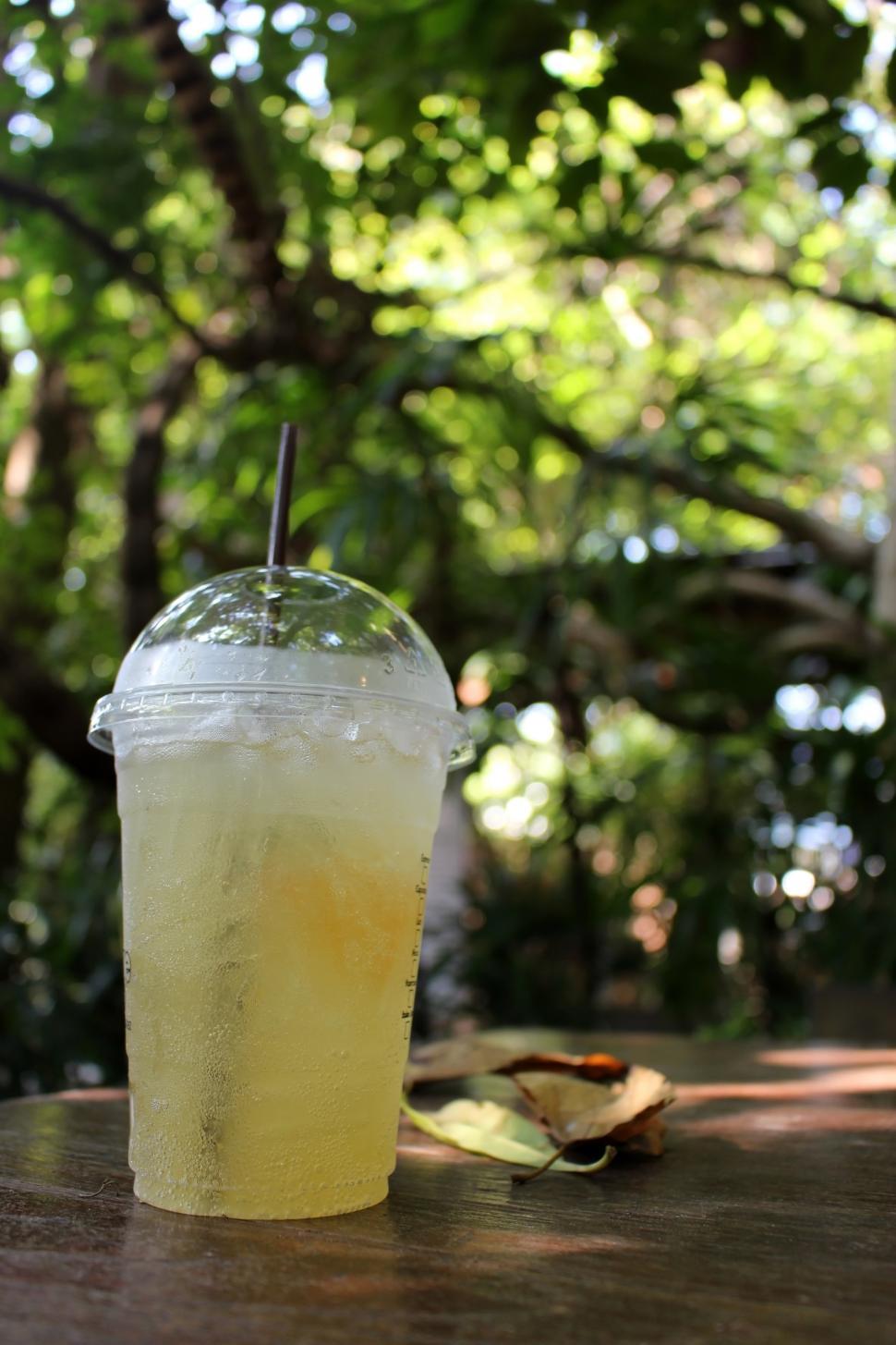 Free Image of Cup of iced lemon tea outside on a table in a tropical garden  