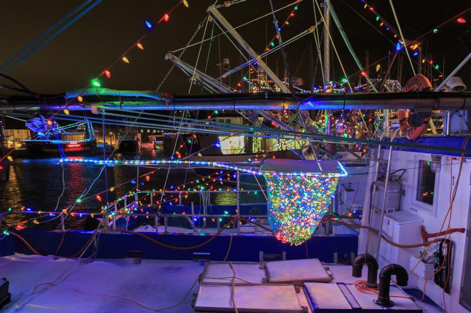Free Image of Atlantic Canada fishing boats with Christmas lights 