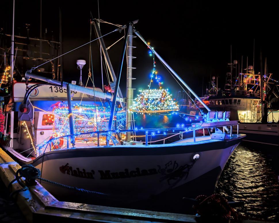 Free Image of Fishing vessel with Christmas lights 