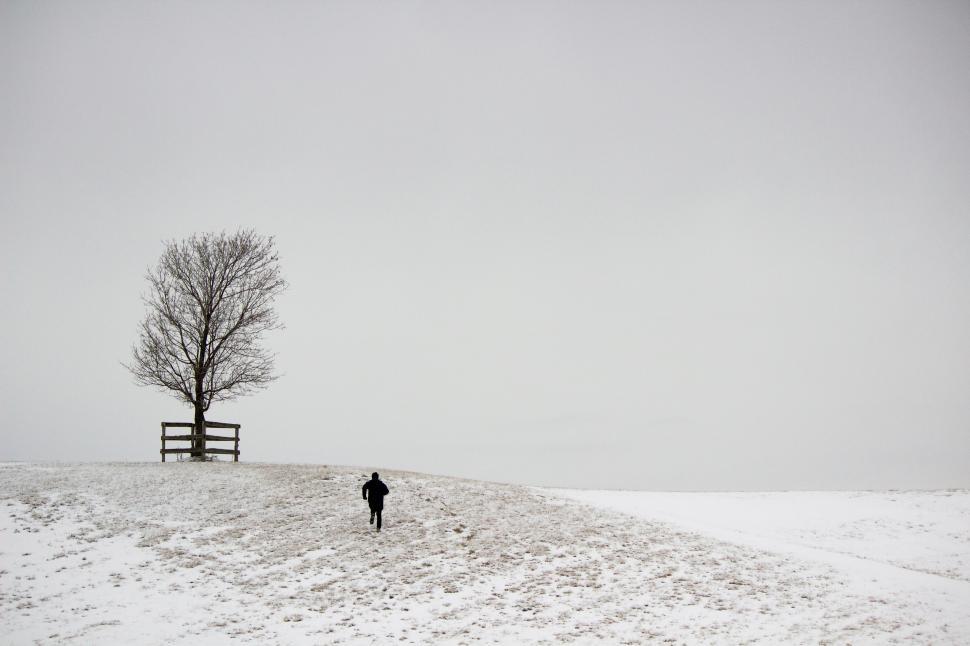Free Image of A running figure and a tree on a snowy hill 