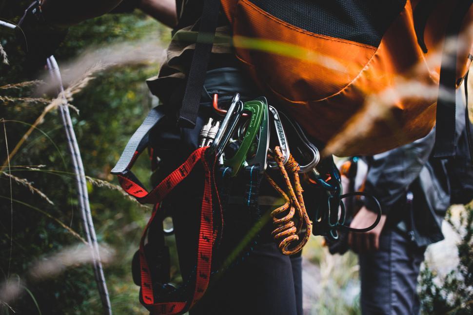 Free Image of A climber s backpack and carabiner 