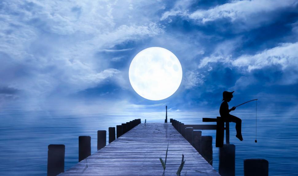 Free Image of fishing under moonlight  