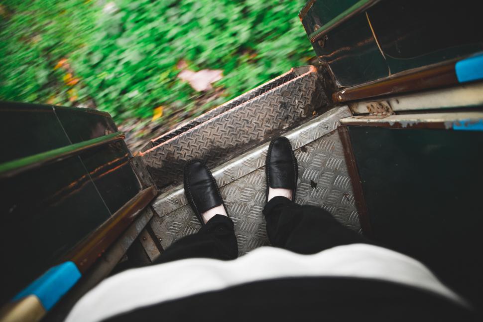 Free Image of Feet on the edge of entrance door of a running train in Myanmar 