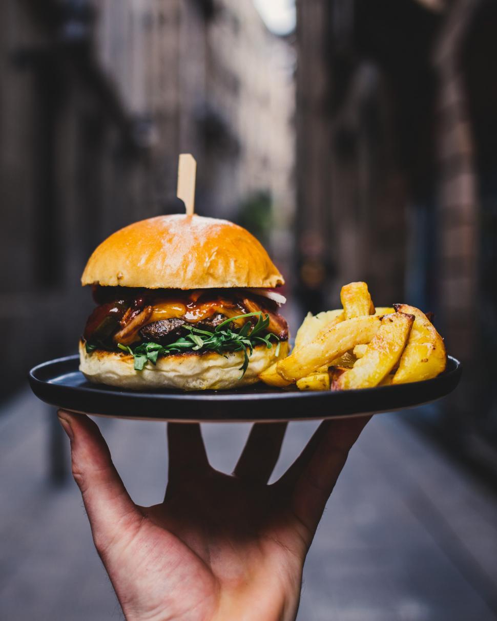 Free Image of Hamburger and fires served on a platter 