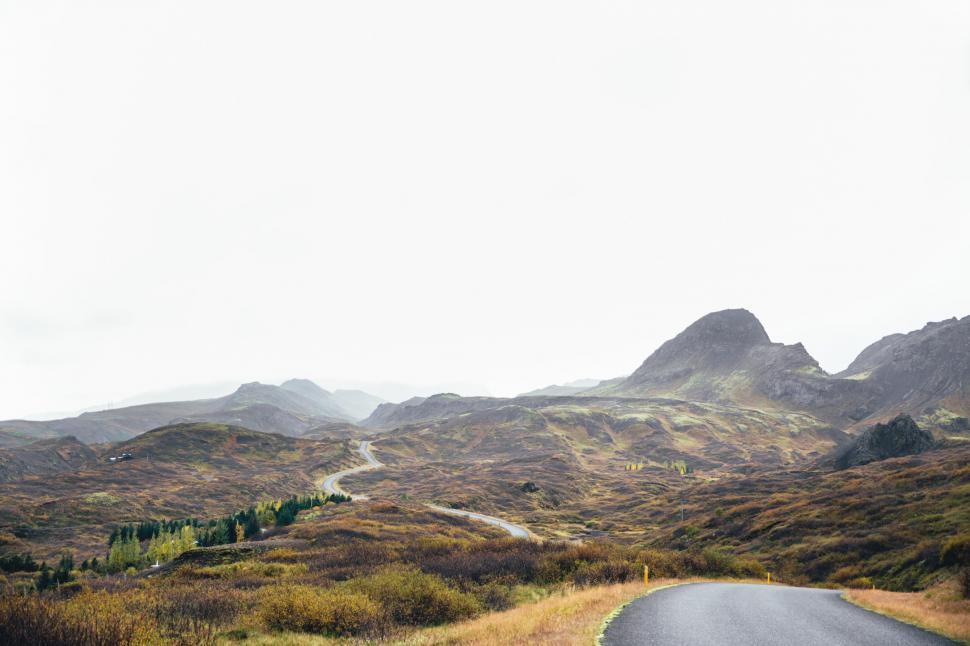 Free Image of A winding road through moss-grown hills 