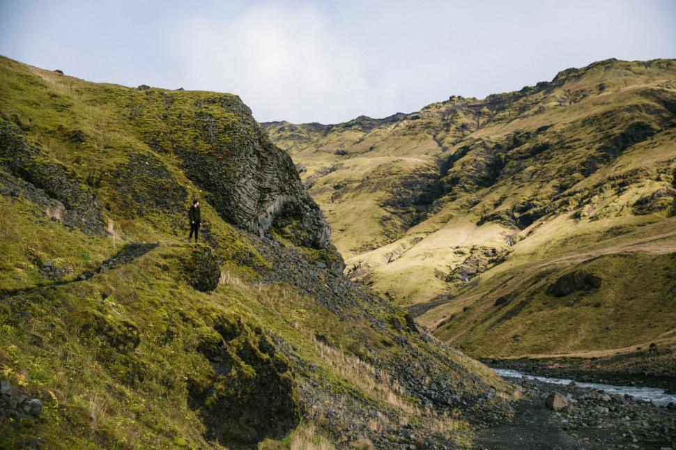 Free Image of A young Caucasian hiker at green hills 