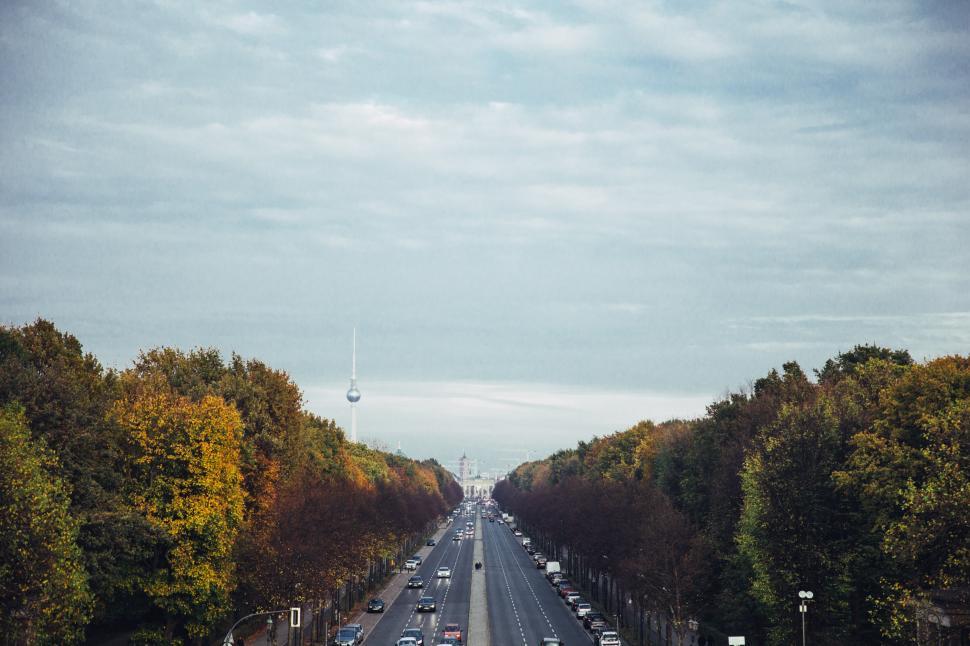 Free Image of A fall forest highway with city in the backdrop 