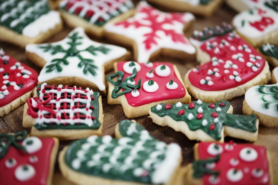 Free Image of Close up of colorful Christmas cookies 