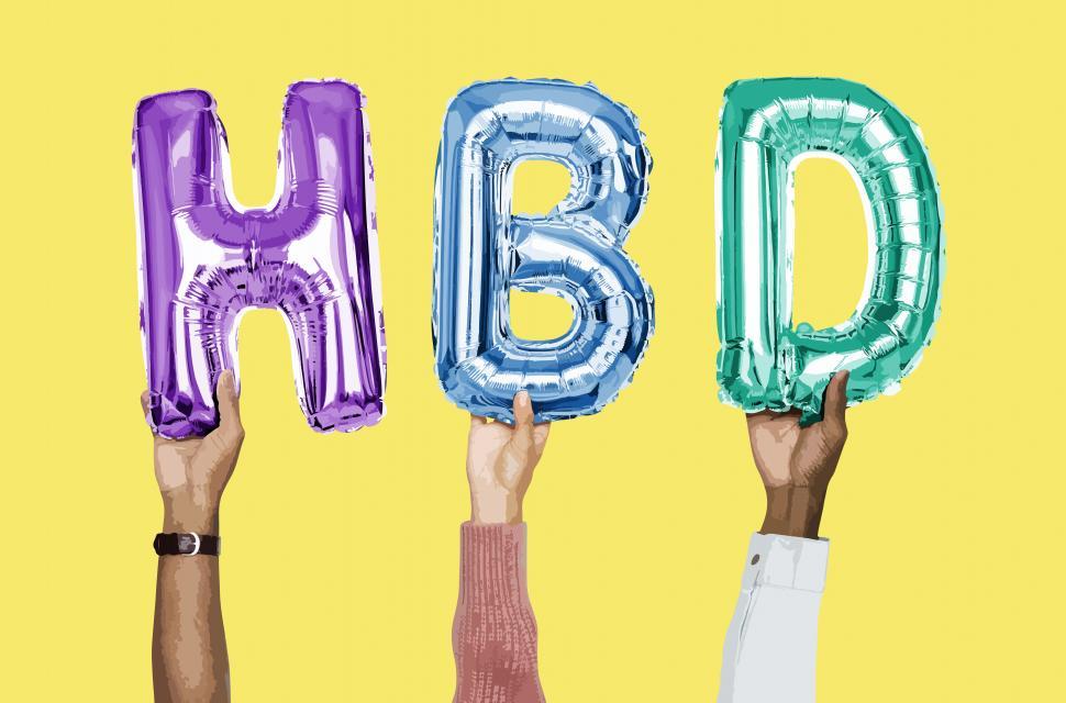 Free Image of H B D  formed by holding inflated alphabet shaped balloons with hands 