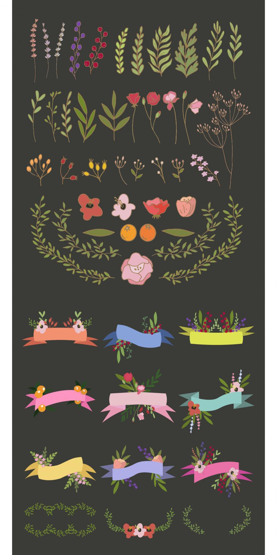 Free Image of A collection flower and ribbon banners vector icons 