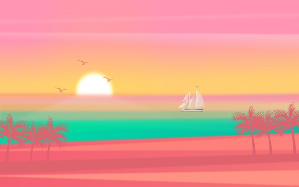 Free Image of Summer Background with Sail Boat and Palm Trees 