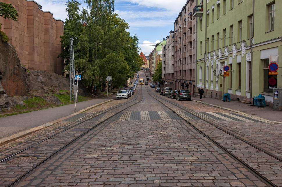 Free Image of  Helsinki street showing tracks and crosswalk 