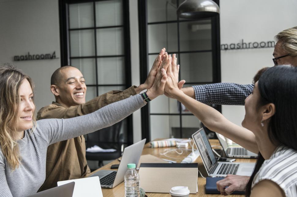 Free Image of Happy coworkers giving high five in the office 