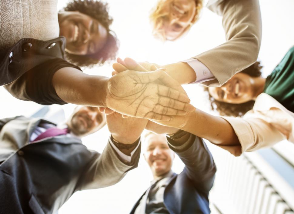 Free Image of Low angle view of team huddle, palms down 