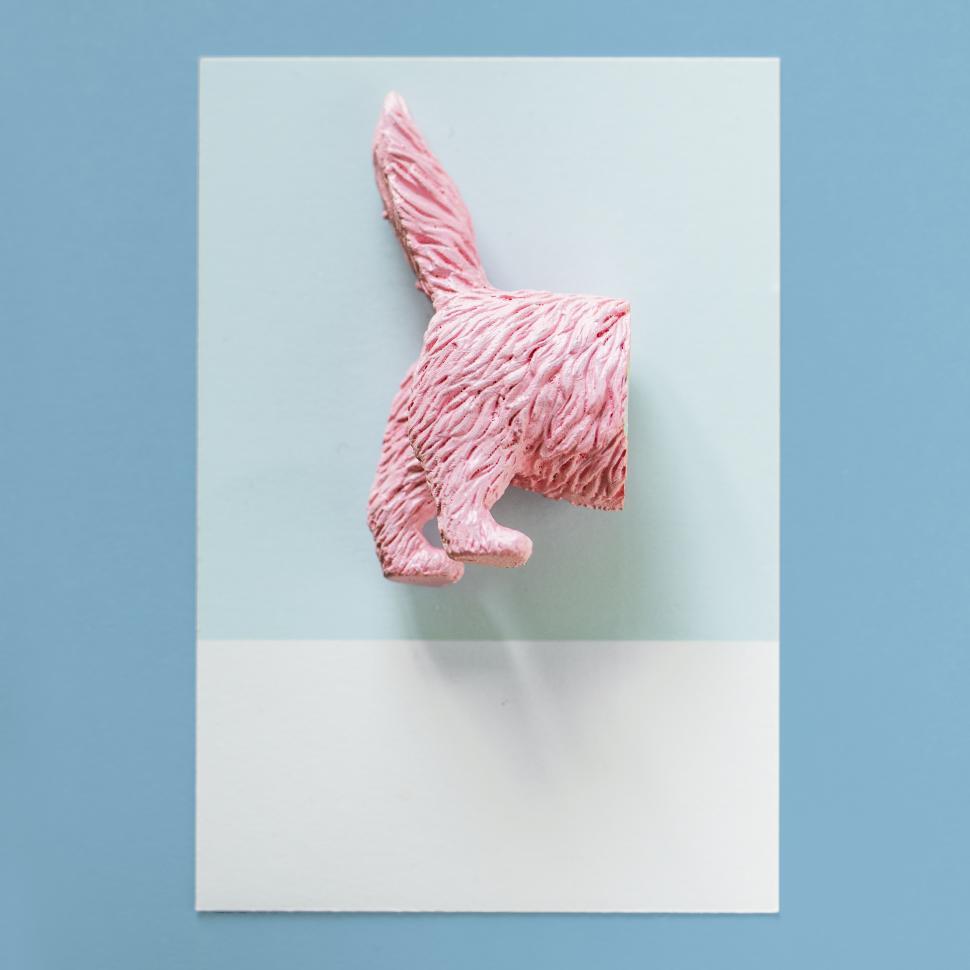 Free Image of Flay lay of a miniature toy cat s rear half with tail and legs on a spaced cardboard frame 