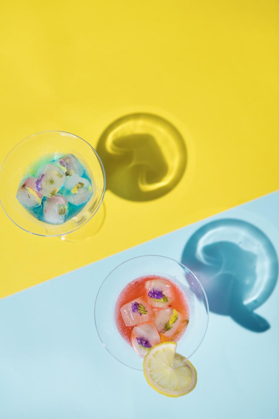 Free Image of Edible flower ice cubes in martini glasses 