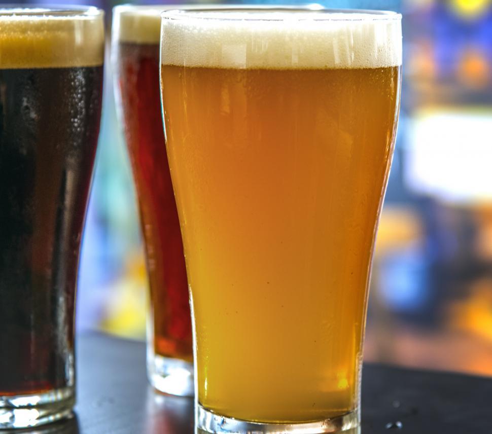 Free Image of Close up of beer served in pint glasses 