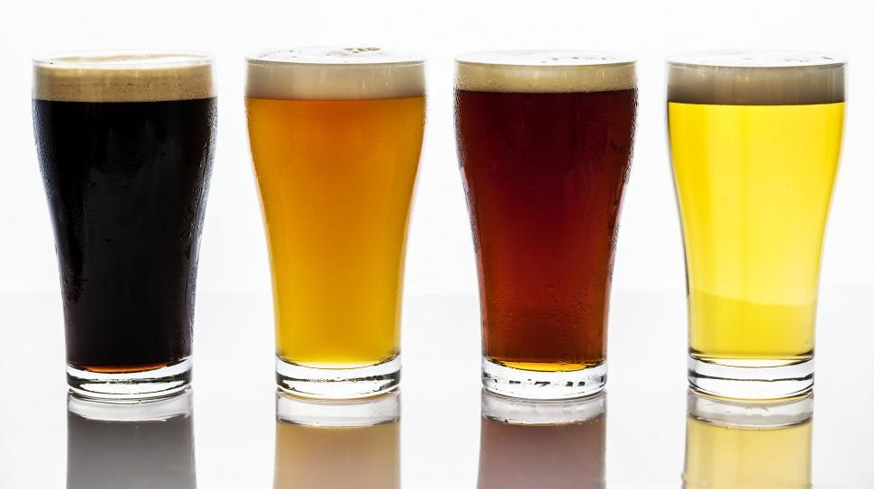 Free Image of Close up of four beers served in pint glasses 