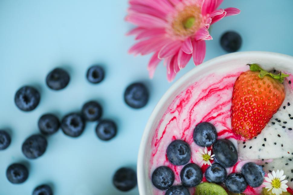 Free Image of Close up of strawberry and blueberry served in a plate 